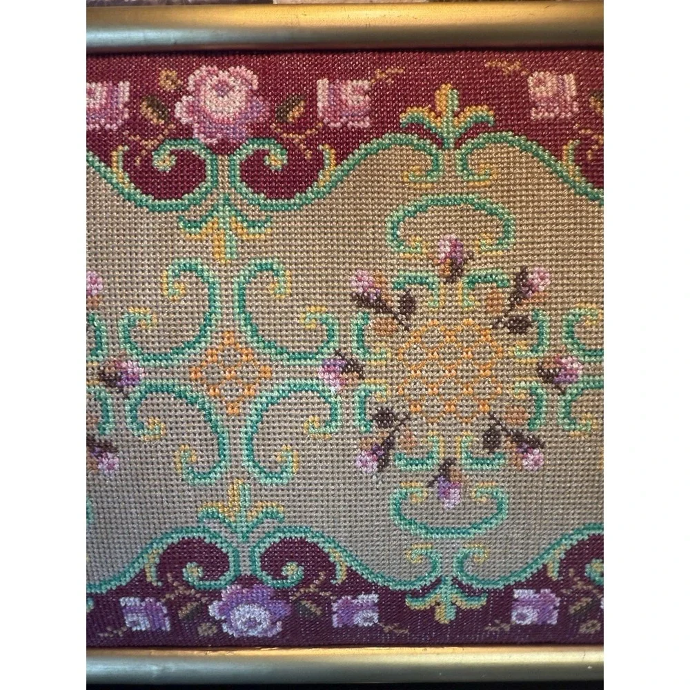 Vintage Floral Needlepoint Framed Picture Burgundy Pink‎ Yellow Green 19